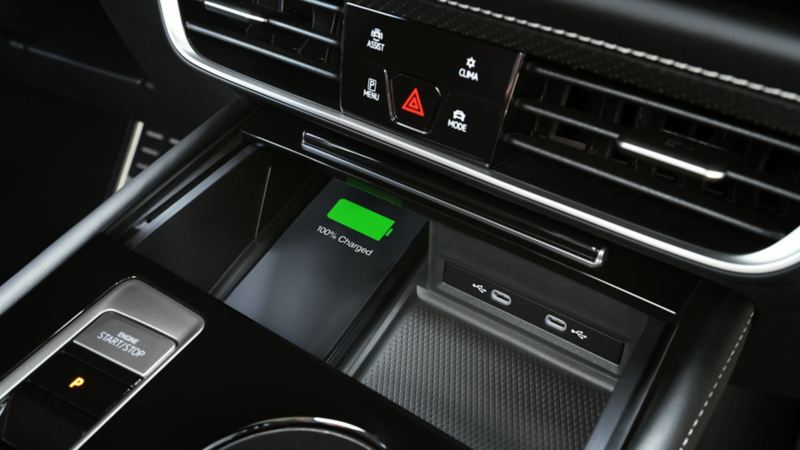 A close-up photo of the Wireless Device Charging pad in the 2024 Volkswagen Atlas