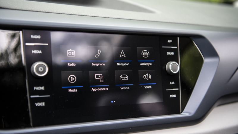 A close-up photo of the 8” Touchscreen with Navigation in the 2024 Volkswagen Taos