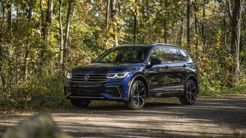 The blue 2024 Volkswagen Tiguan parked on a road in a forest