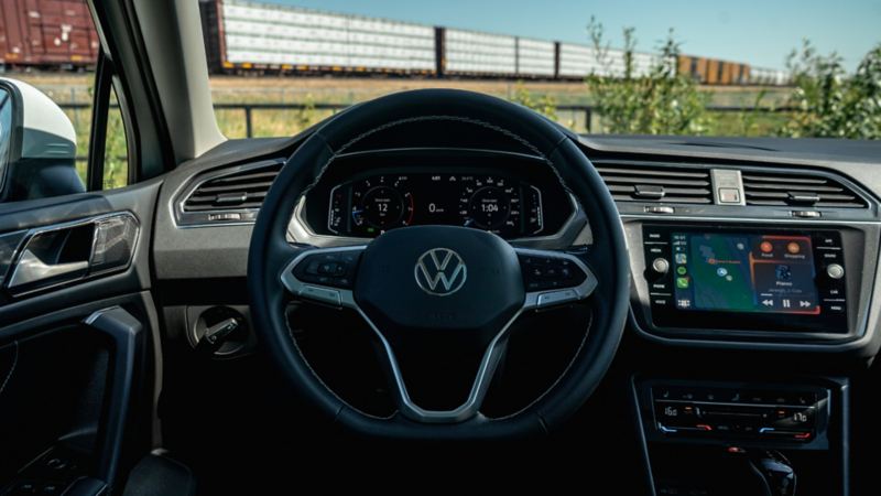 A close-up photo of a steering wheel in the 2024 Volkswagen Tiguan