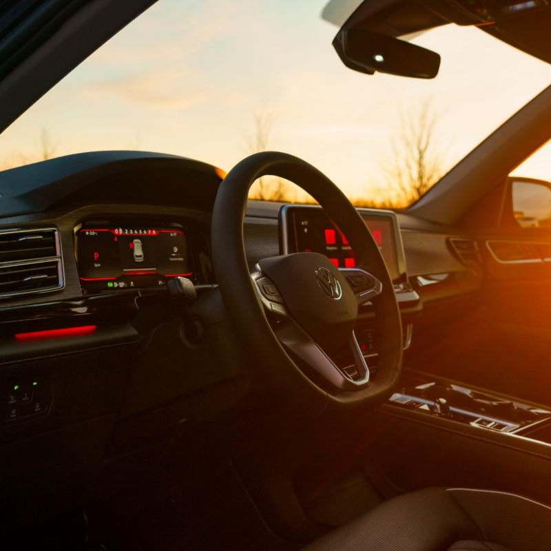 2025 Atlas interior with sunset in background, creating warm glow through windows.