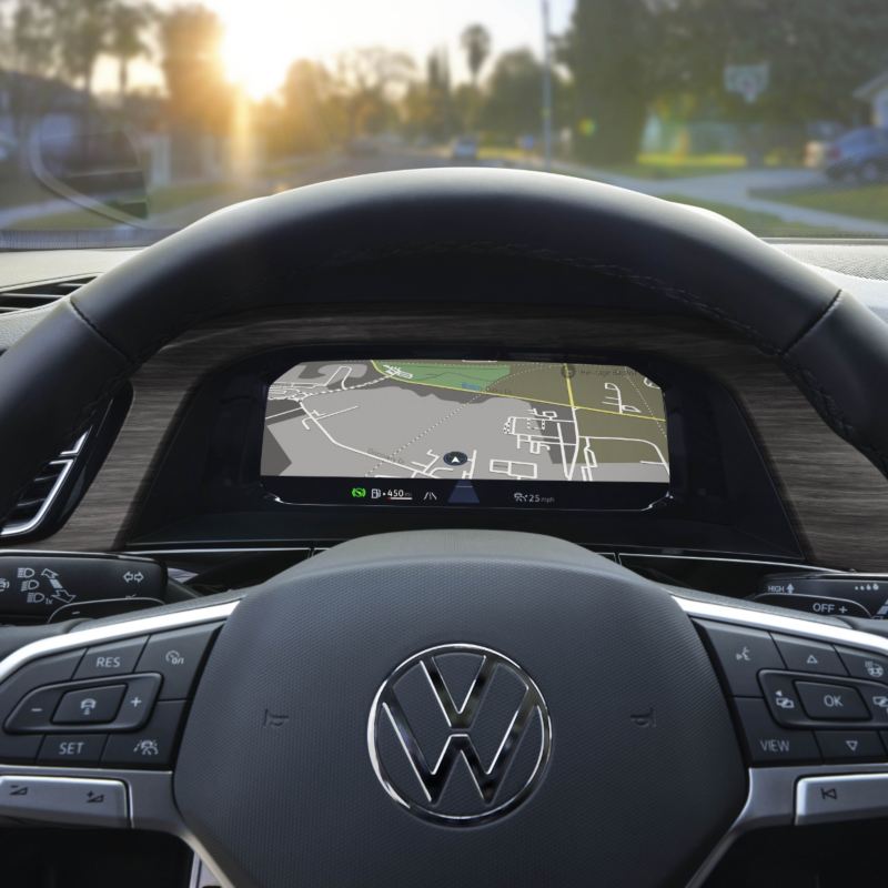 A driver's-eye view of the 2025 Atlas steering wheel, showcasing its ergonomic paddle shifters.