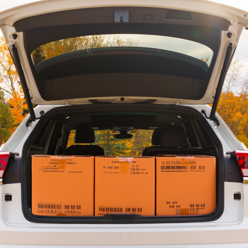 A white Cross Sport 2025 with its cargo area open, revealing four large orange boxes stacked two by two.