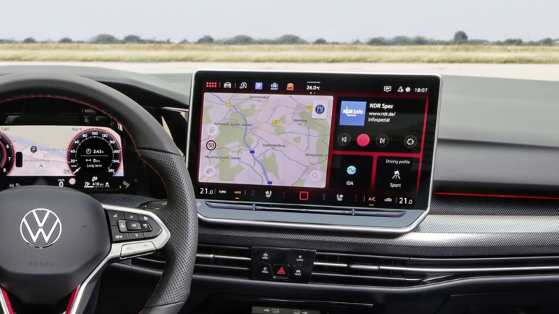 A close-up photo of the infotainment system in the 2025 Volkswagen GTI