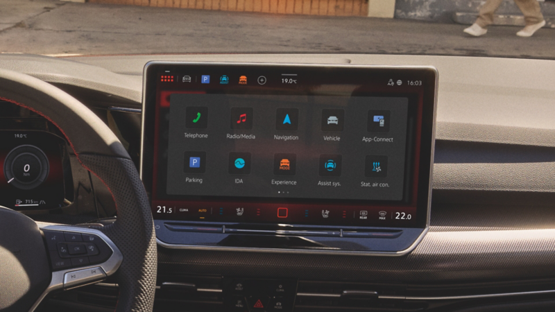 A close-up photo of the infotainment system featuring wireless Apple CarPlay® and Android Auto™