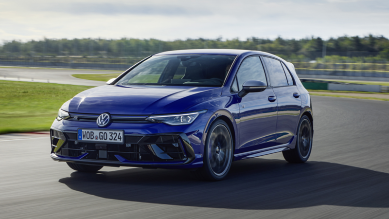 Blue Volkswagen Golf R in Drift mode.