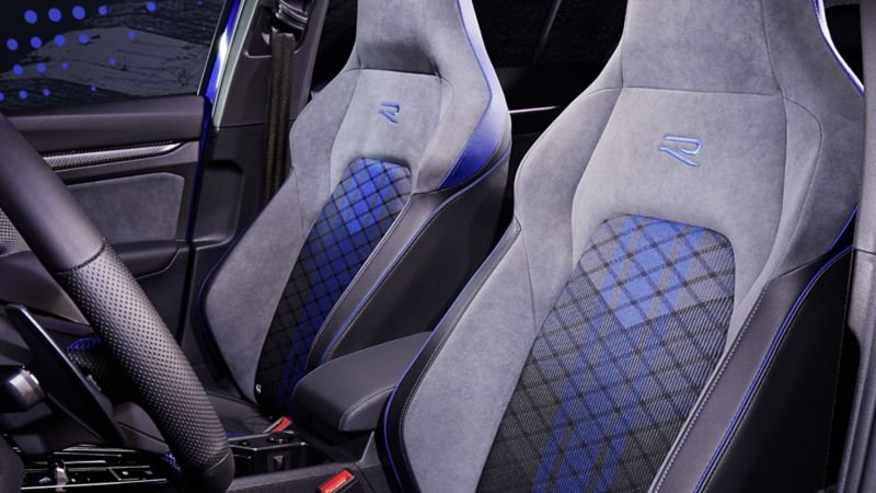 Close-up of the sporty, premium cloth seats in the Volkswagen Golf R.