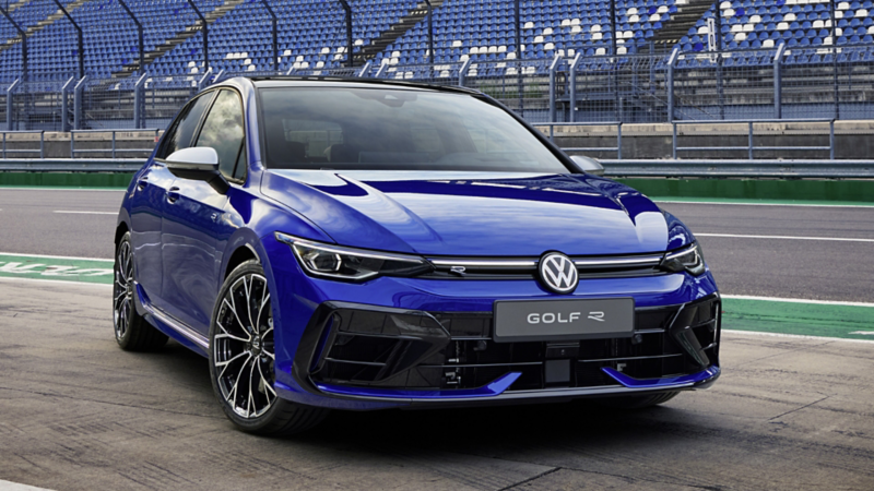 Blue Volkswagen Golf R on a racetrack.