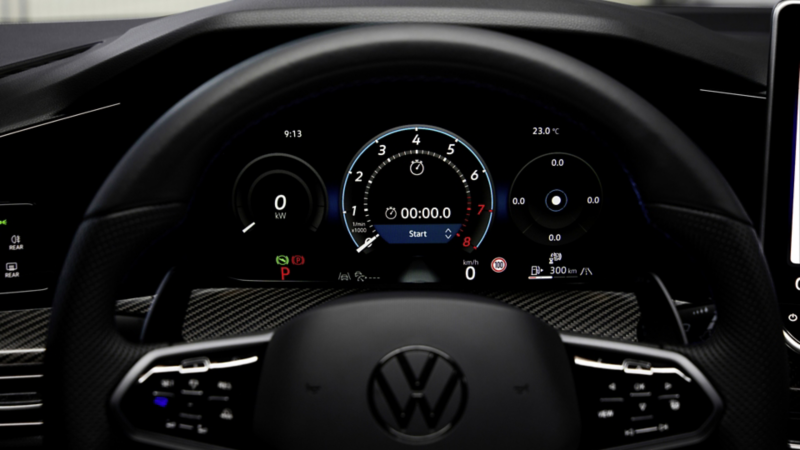 View of the steering wheel and dashboard of the 2024 Golf R.