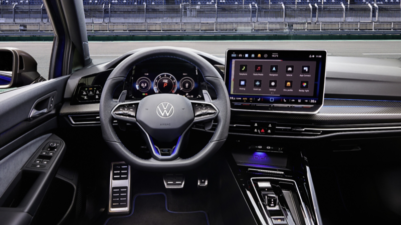 A close-up of the touchscreen display of the Golf R