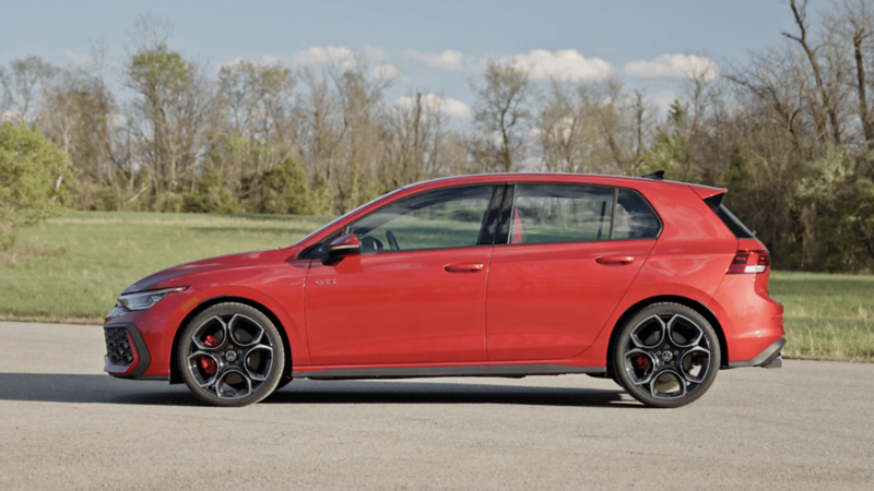 Collage of the 2026 Volkswagen Golf GTI featuring exterior views, interior cabin, front seats, steering wheel, touchscreen, and alloy wheel with red brake caliper. 