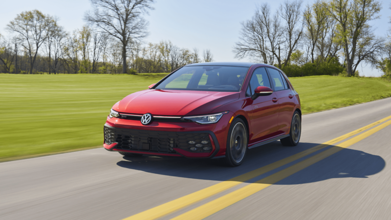Collage of the 2026 Volkswagen Golf GTI featuring exterior views, interior cabin, front seats, steering wheel, touchscreen, and alloy wheel with red brake caliper. 
