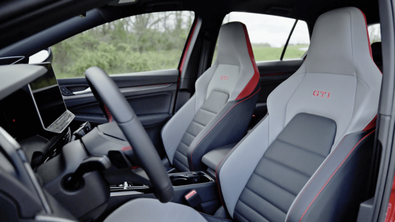 Collage of the 2026 Volkswagen Golf GTI featuring exterior views, interior cabin, front seats, steering wheel, touchscreen, and alloy wheel with red brake caliper. 