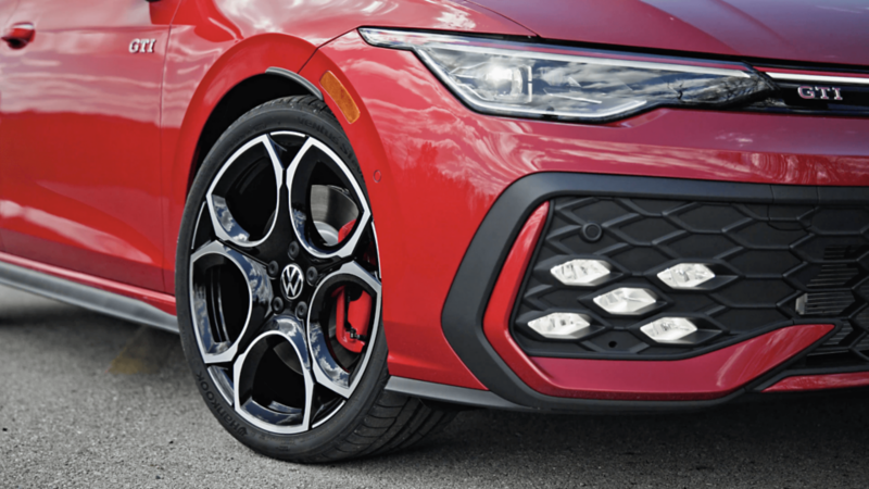 Collage of the 2026 Volkswagen Golf GTI featuring exterior views, interior cabin, front seats, steering wheel, touchscreen, and alloy wheel with red brake caliper. 