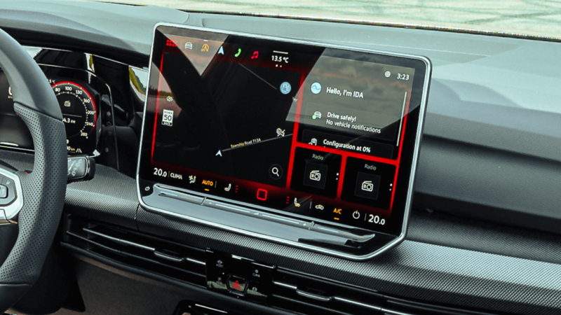 2026 Volkswagen Golf GTI touchscreen showing navigation, media, and sytem settings. 