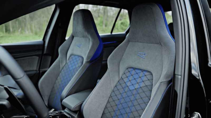 Close-up of the sporty, premium cloth seats in the Volkswagen Golf R.
