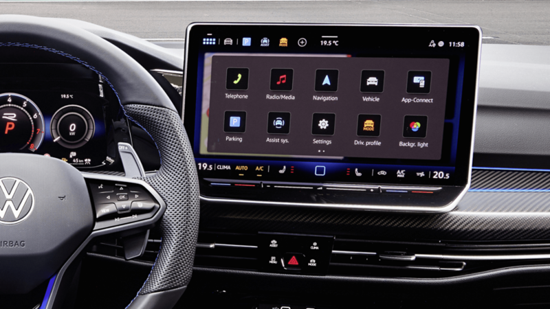 A close-up of the touchscreen display of the Golf R