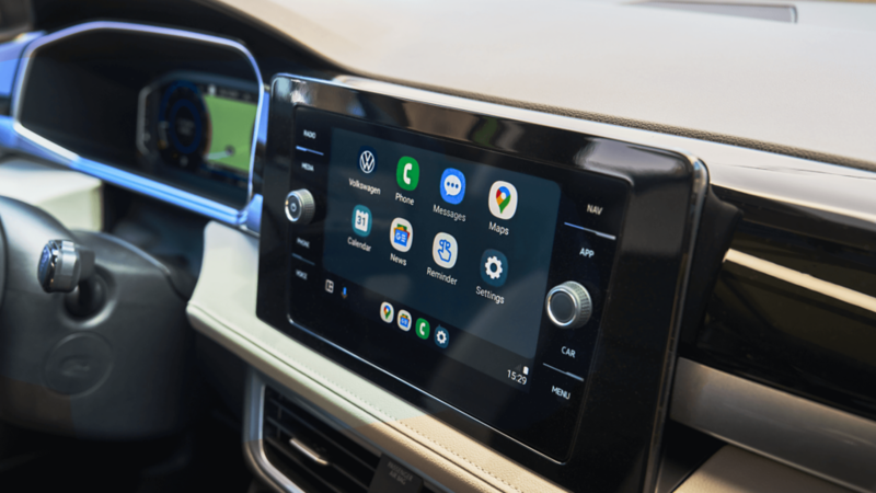 Close-up of the 8.0-inch floating touchscreen in the 2026 Volkswagen Taos, showing app icons.