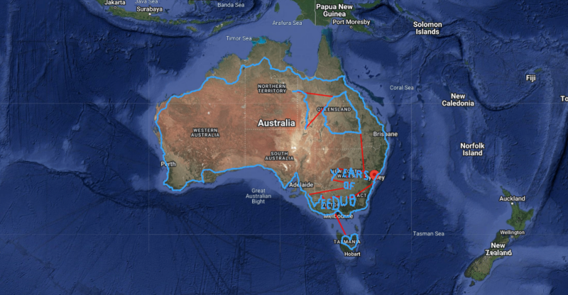 Map of Australia with a 70 years of VW route