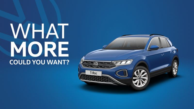 a blue T-Roc Match trim on a blue background with text that reads what more could you want?