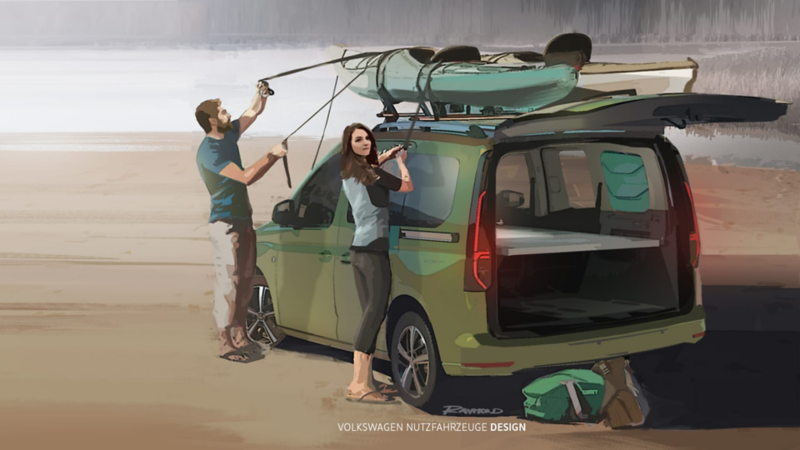 Disegno di un ragazzo e una ragazza che caricano una canoa su Nuovo Caddy California Volkswagen, visto 3/4 posteriormente, con portellone posteriore aperto.