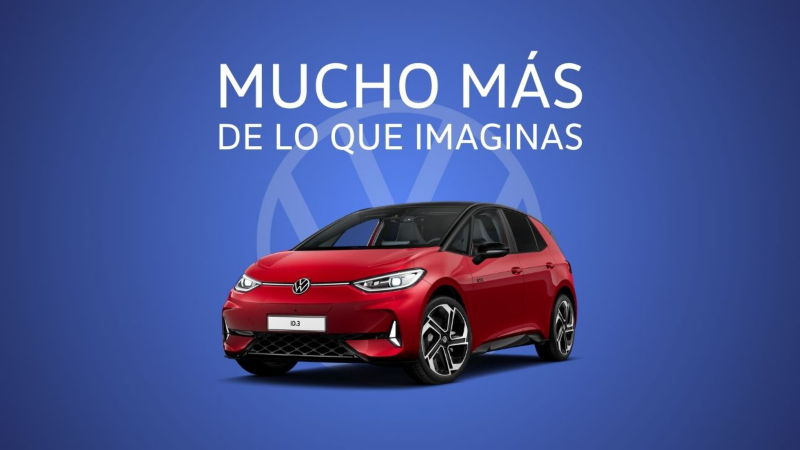 Volkswagen id.3 rojo sobre fondo azul. Mensaje: Mucho más de lo que imaginas