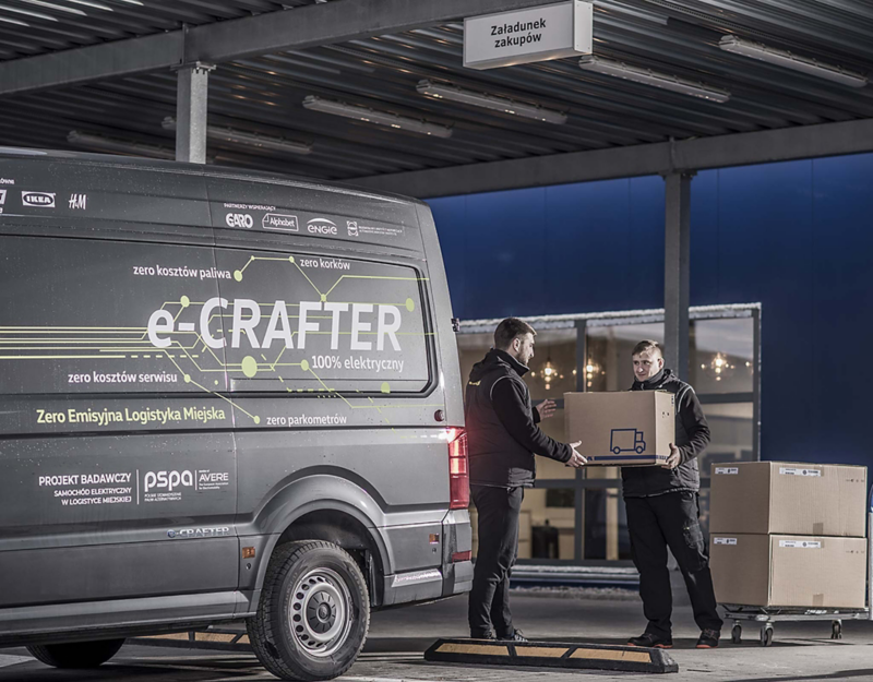 Dwa mężczyźni ładują paczki do e-Craftera 