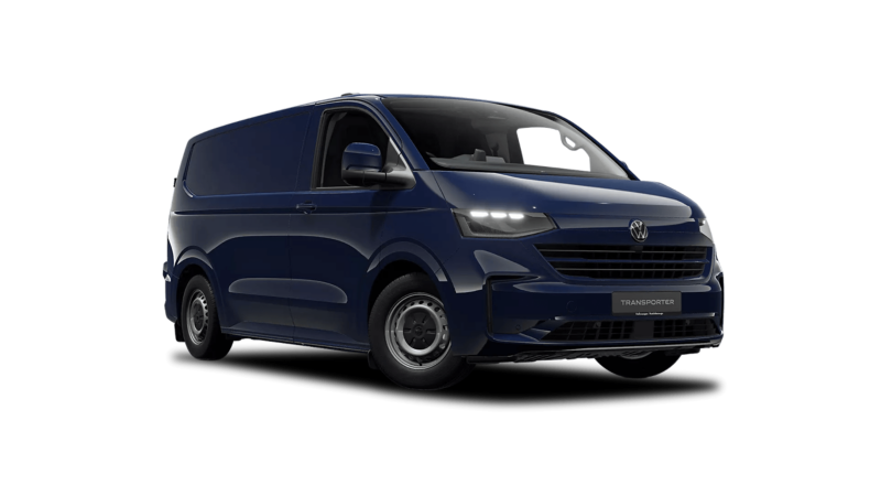 A dark blue VW e-Transporter