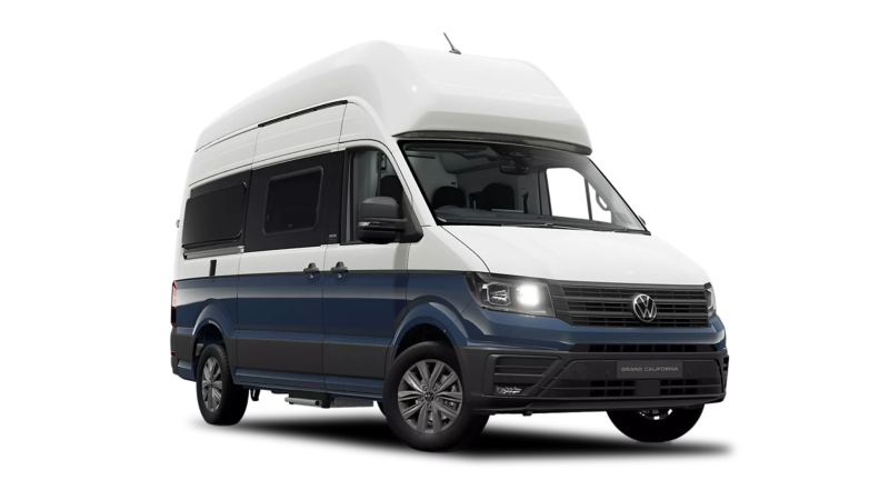 A blue and white VW Grand California motorhome