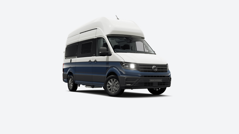 A VW Grand California motorhome against a plain light grey background. 