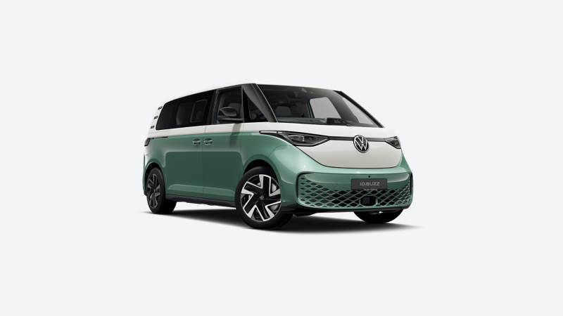 A VW ID. Buzz against a plain light grey background.