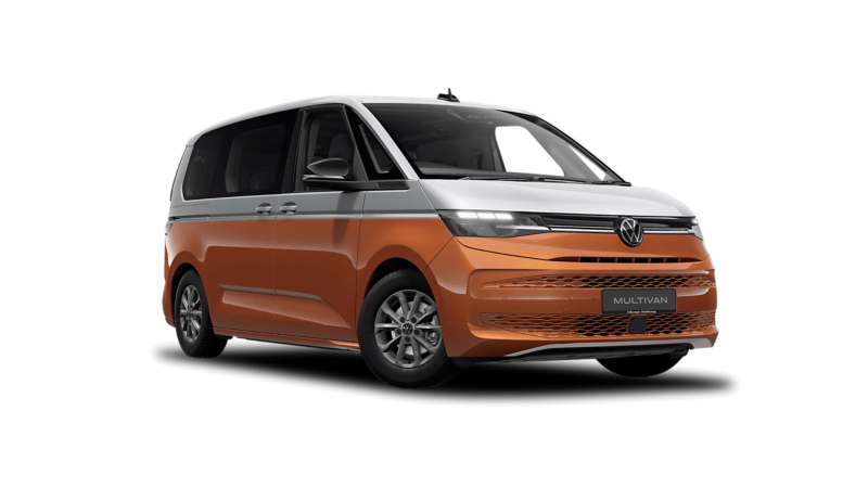 an orange and white VW Multivan