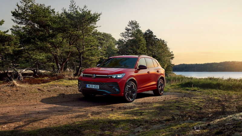 En röd fyrhjulsdriven Volkswagen Tiguan parkerad med havet i bakgrunden