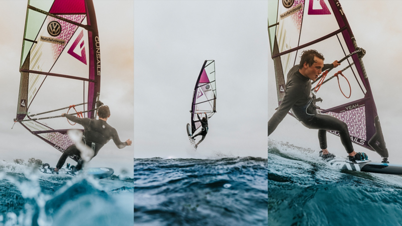 Collage mit drei Szenen eines Windsurfers beim Surfen auf offener See.