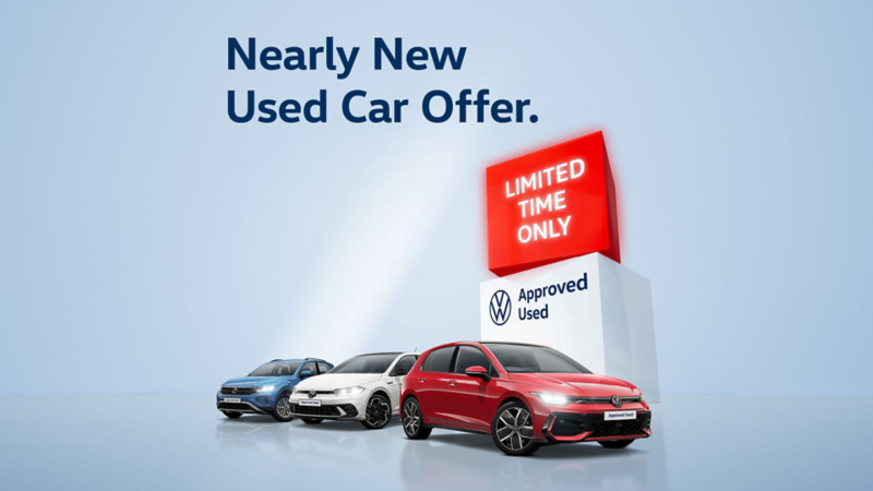 Three Volkswagen models on a light blue background arranged below text that reads Nearly New Used Car Offer - LIMITED TIME ONLY - Approved Used
