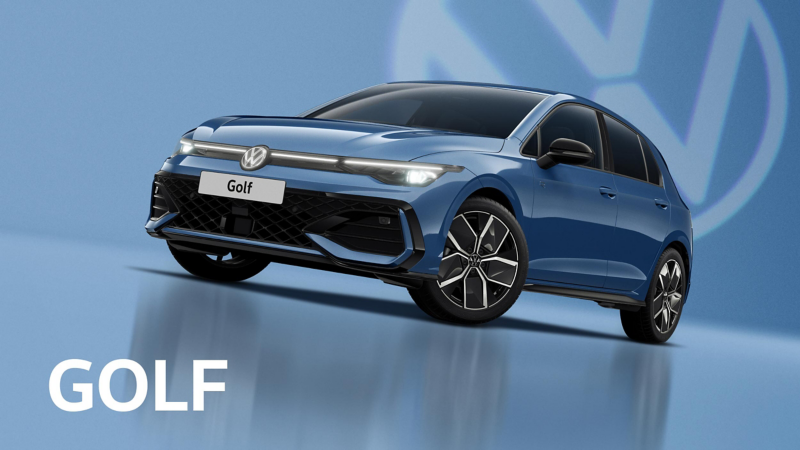 A front three-quarter view of a navy Volkswagen Golf set on a navy background with a transparent Volkswagen logo and text at the top that reads Golf