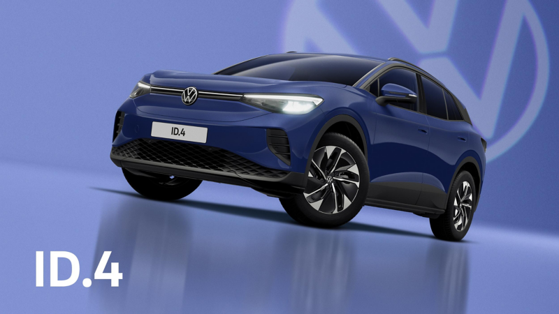 A front three-quarter view of a blue ID.4 set on a blue background with a transparent Volkswagen logo and a charging cable plugged into the charging port