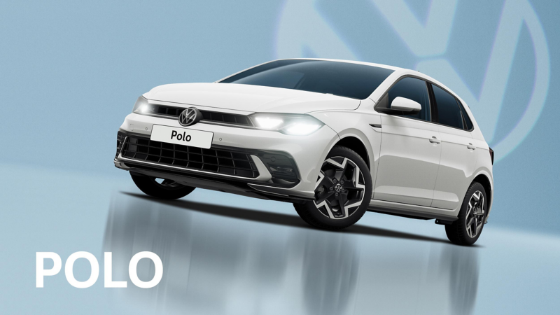 A front three-quarter view of a white Volkswagen Polo set on an idigo blue background with a transparent Volkswagen logo and text at the top that reads Polo