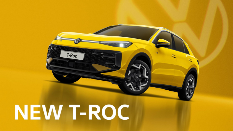 A yellow Volkswagen T-Roc with sleek design on a matching yellow background. "NEW T-ROC" is seen below. The mood is dynamic and energetic, emphasizing modernity.