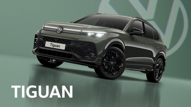 A front three-quarter view of a green Volkswagen Tiguan set on a forest green background with a transparent Volkswagen logo and text at the top that reads Tiguan