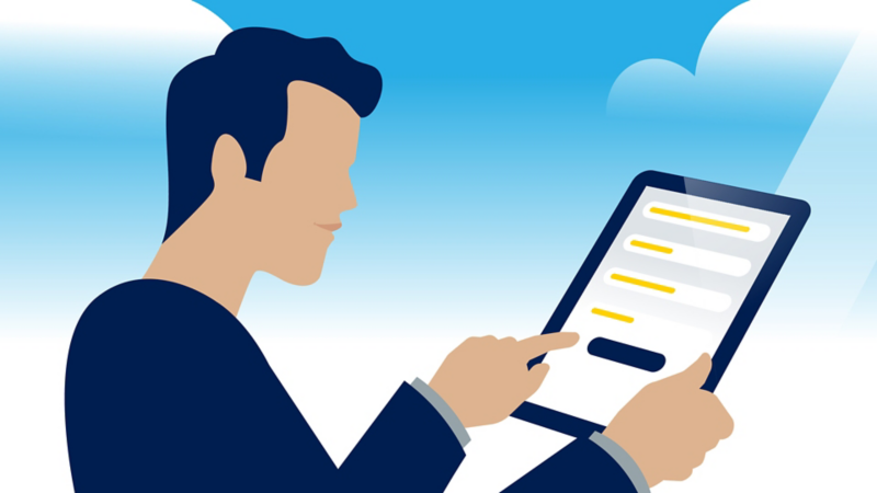 Visualisierung einer Person, die auf einem Tablet-PC Profilangaben macht