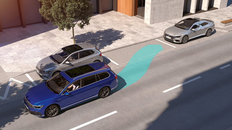 Passat: diagrammatic representation of the "Park Assist", Passat Estate begins to automatically park backwards into a parking space