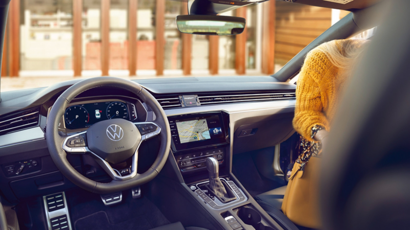 Different infotainment and navigation systems inside of a VW car – modern equipment