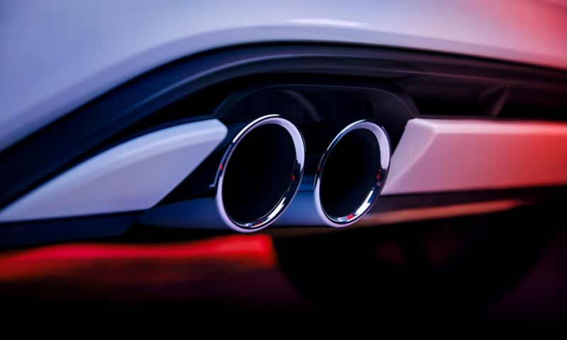 Detail of the chrome-plated exhaust tailpipes at the rear of the Polo GTI.