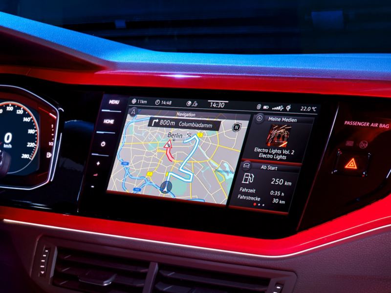 Som tilvalg via VW Connect Plus kan man få vist navigationsdata i realtid i infotainmentsystemet i Polo GTI. 