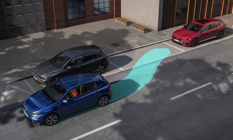 Grafik, der viser, hvordan parkeringsstyreassistenten ”Park Assist” fungerer i VW Polo. 