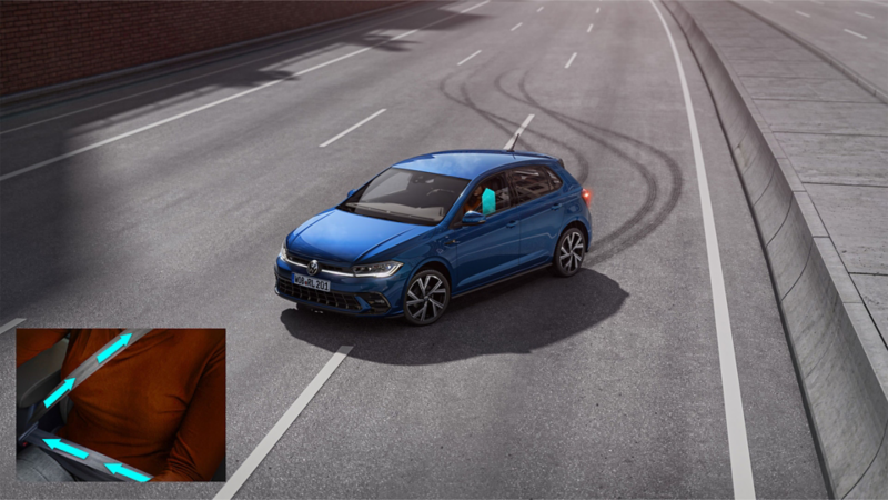 Illustration montrant schématiquement, à l’exemple d’une VW Polo, le fonctionnement du système proactif de protection des occupants.