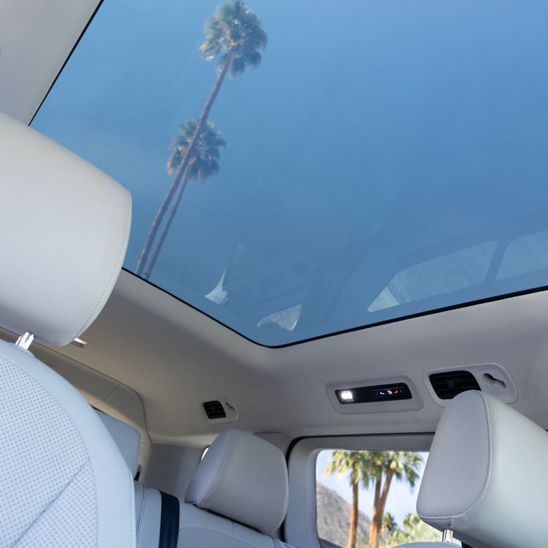 The Volkswagen ID. Buzz 2025 with a panoramic sunroof, featuring palm trees reflected in the glass from the backseat.