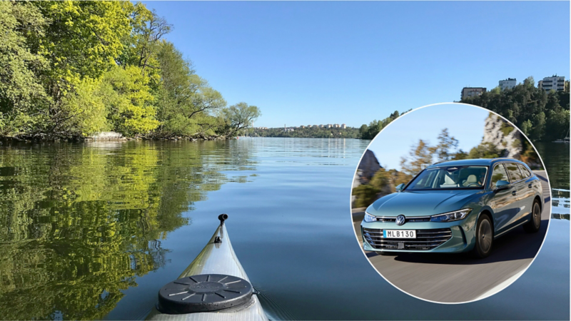 Sjölandskap sett från en kanot, med en Volkswagen Passat TDI markerad i en cirkel