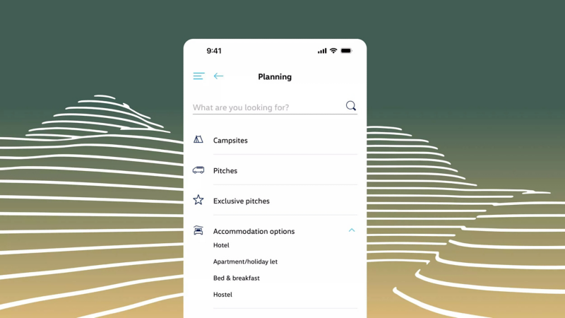 A screenshot from the California app on the topic of “Planing” with stylised contour lines in the background. 